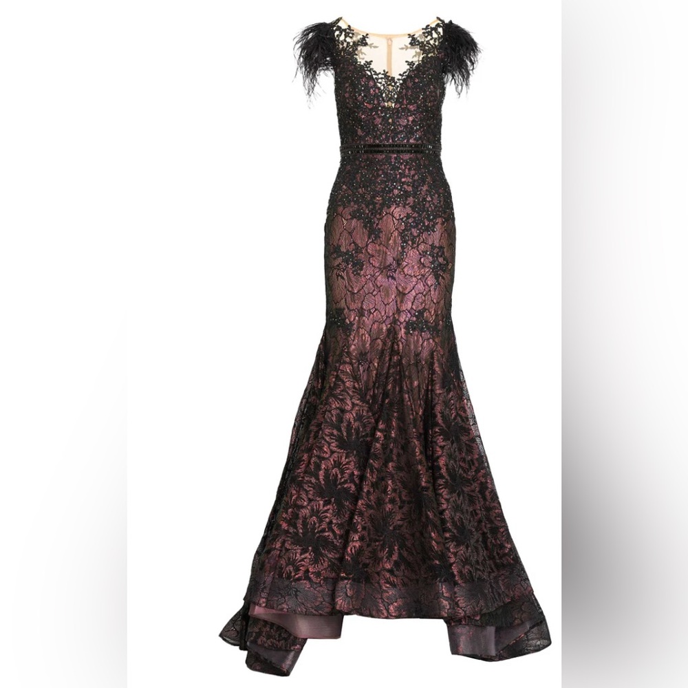 Mac Duggal EMBELLISHED FEATHER CAP SLEEVE ILLUSION NECK TRUMPET GOWN DRESS. Worn